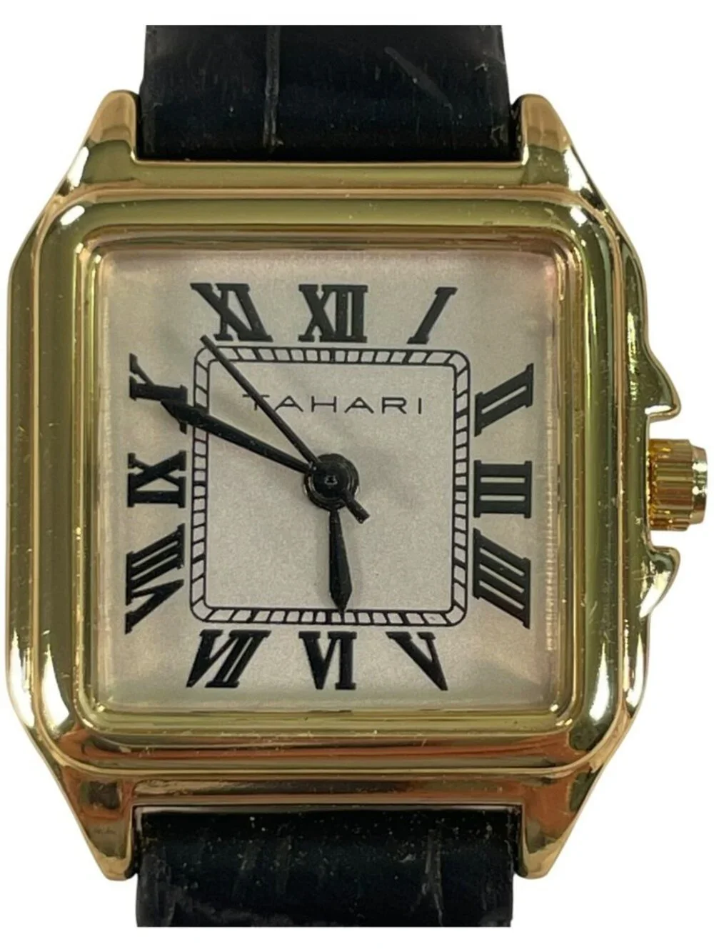 Tahari Gold-Tone Square Face Watch Black Leather Strap Women's TAH3281NX NEW